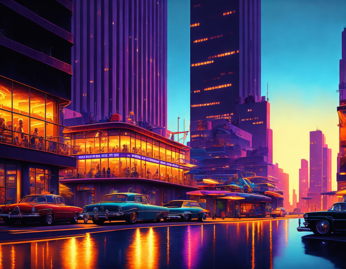 Neon-lit cityscape at dusk with classic cars, futuristic architecture, and bustling diners.