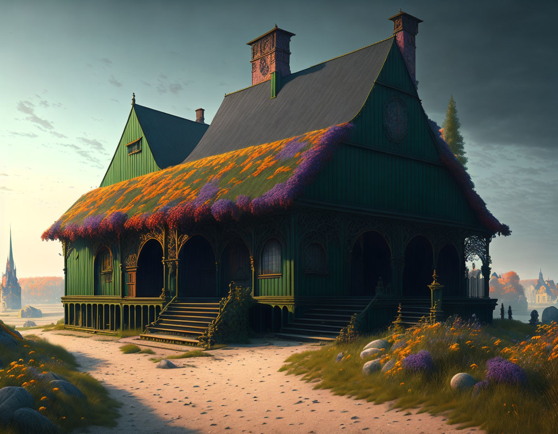 Wooden cottage with flowered roof in serene landscape.