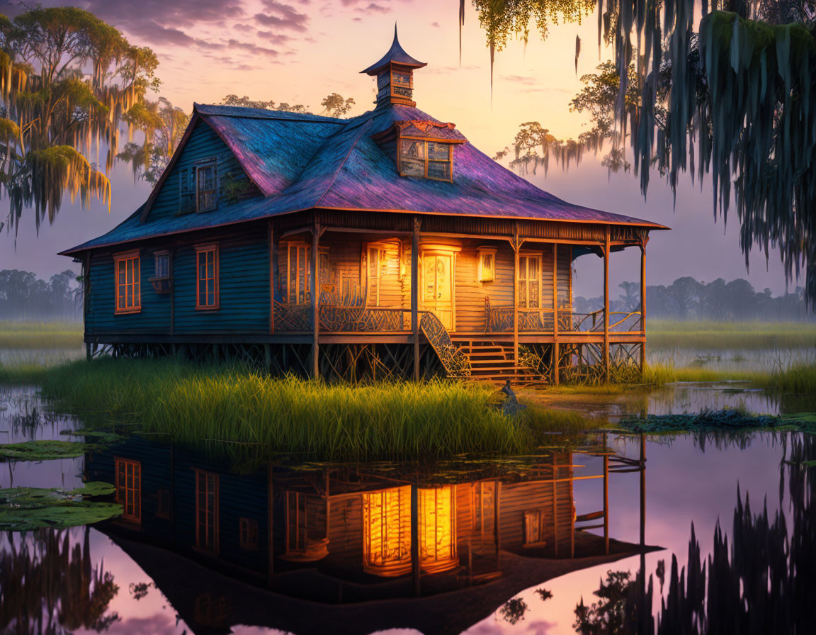 Tranquil dusk scene: wooden house, warm lights, pond reflection, grassy landscape