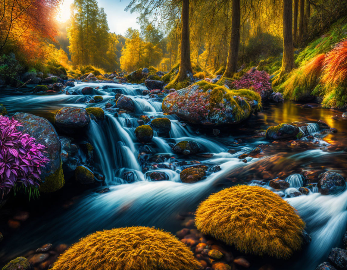 Scenic autumn landscape with river, mossy rocks, golden trees, and purple flower