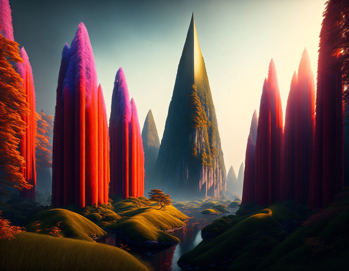 Vibrant spire-like trees in serene landscape