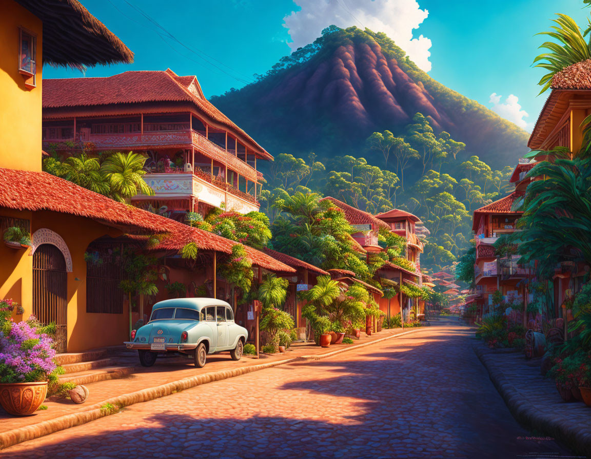 Colorful Cobblestone Street with Vintage Car and Mountain Backdrop