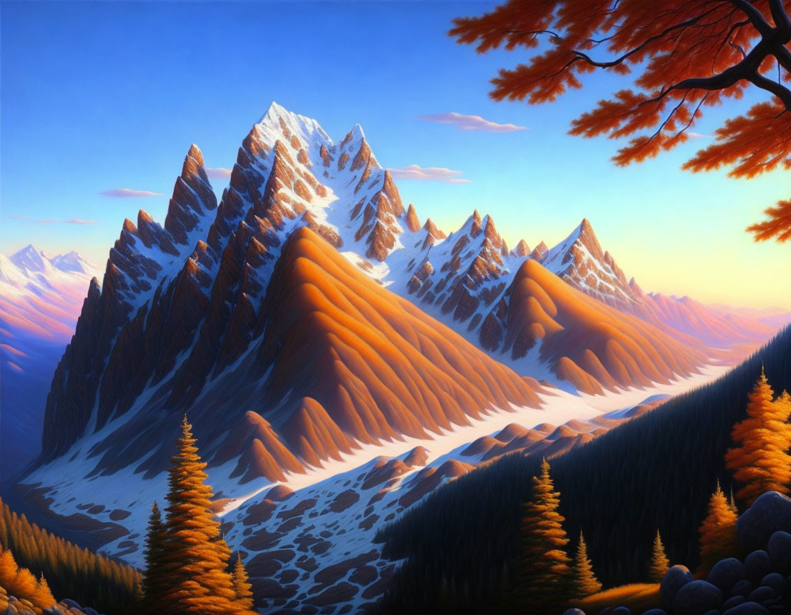 Majestic mountain range with sharp peaks in golden sunlight surrounded by autumn forest.