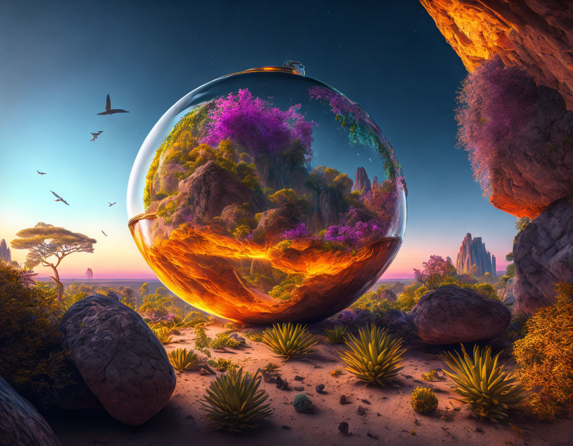 Transparent levitating terrarium with vibrant flora in desert landscape