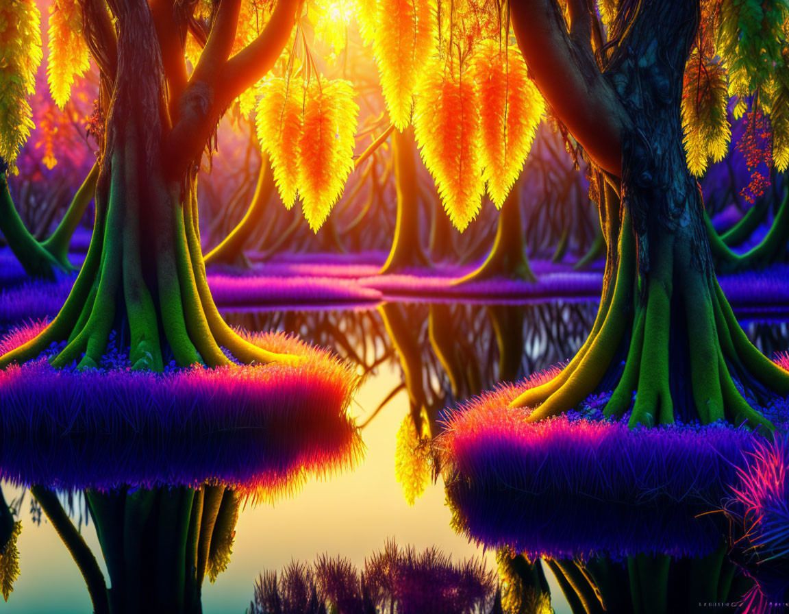 Neon-colored trees in surreal fantasy forest