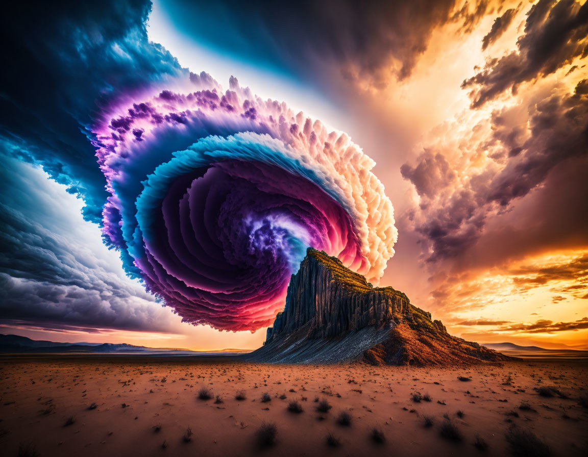 Dramatic surreal sunset with wave-like cloud over desert mesa