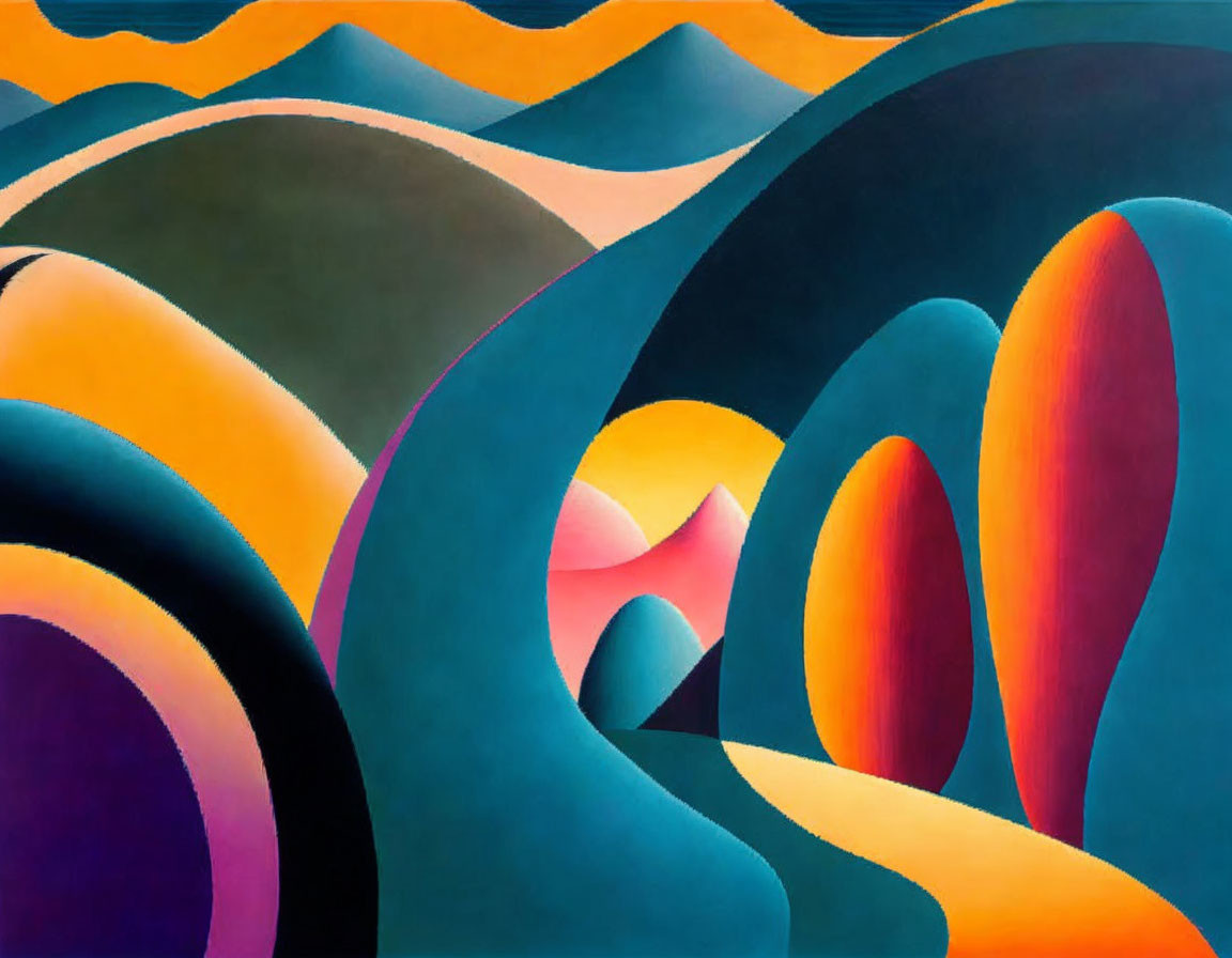 Vibrant Abstract Painting: Flowing Shapes in Blue, Orange, and Purple