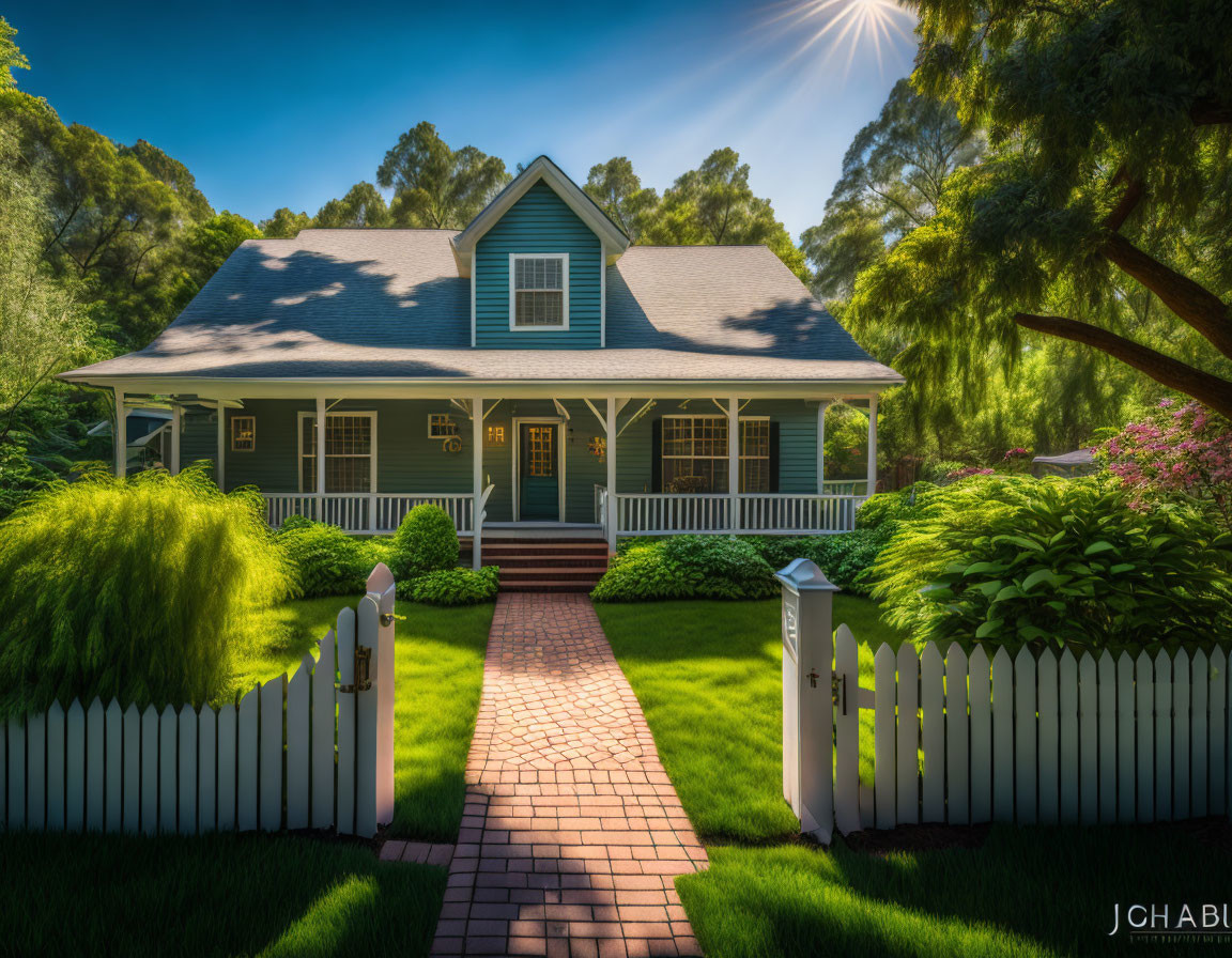 Charming two-story house with white picket fence in lush green setting