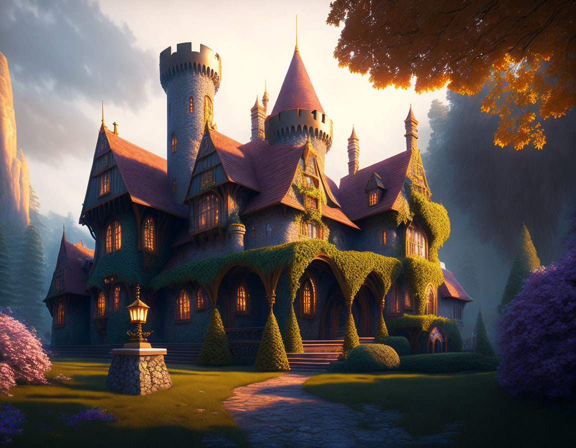 Enchanted forest castle with pointed roofs at sunset