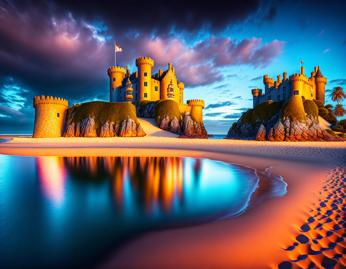 Majestic castle with illuminated turrets reflected in water at dusk