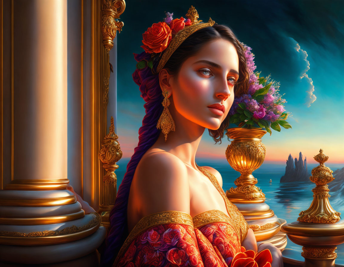 Regal woman with floral crown gazes at sunset seascape