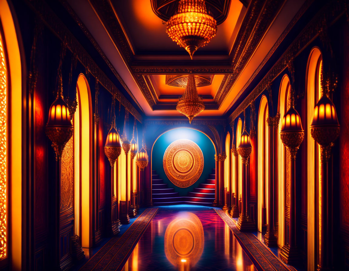 Luxurious corridor with golden arches, red carpet, chandeliers, and circular portal