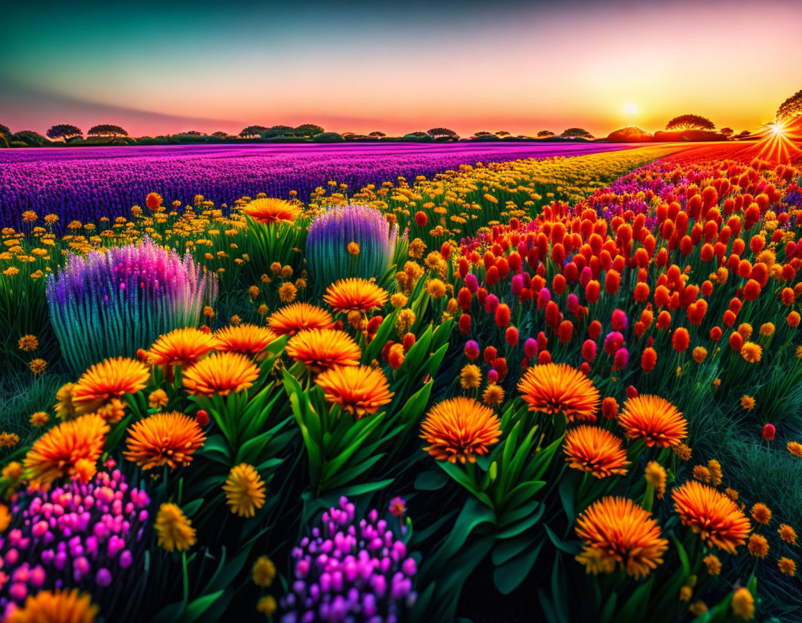 Colorful Flowers Blooming Under Sunset Sky