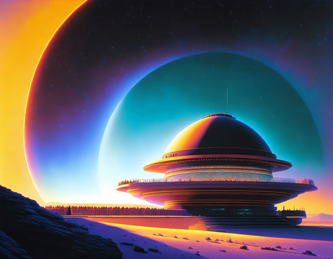 Dome-shaped structure in snowy landscape with large planet and stars