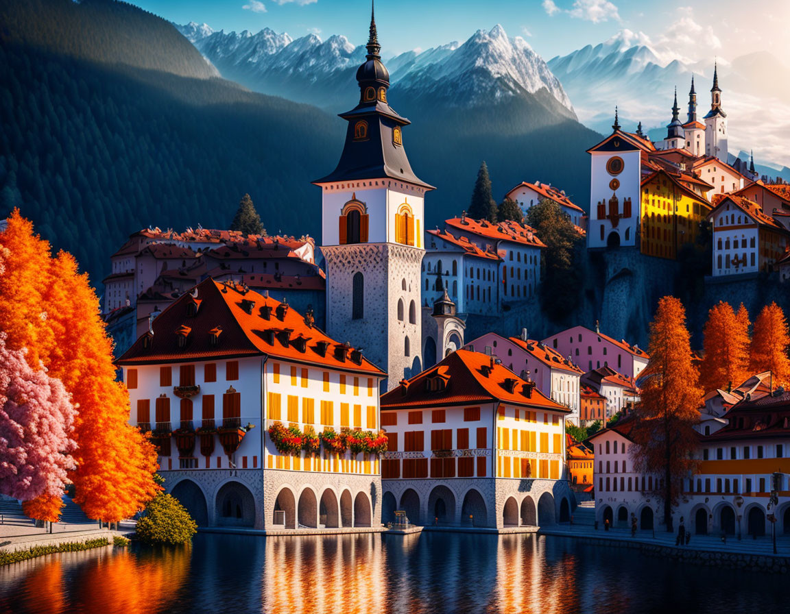 Historic European town by river: Vibrant autumn scene