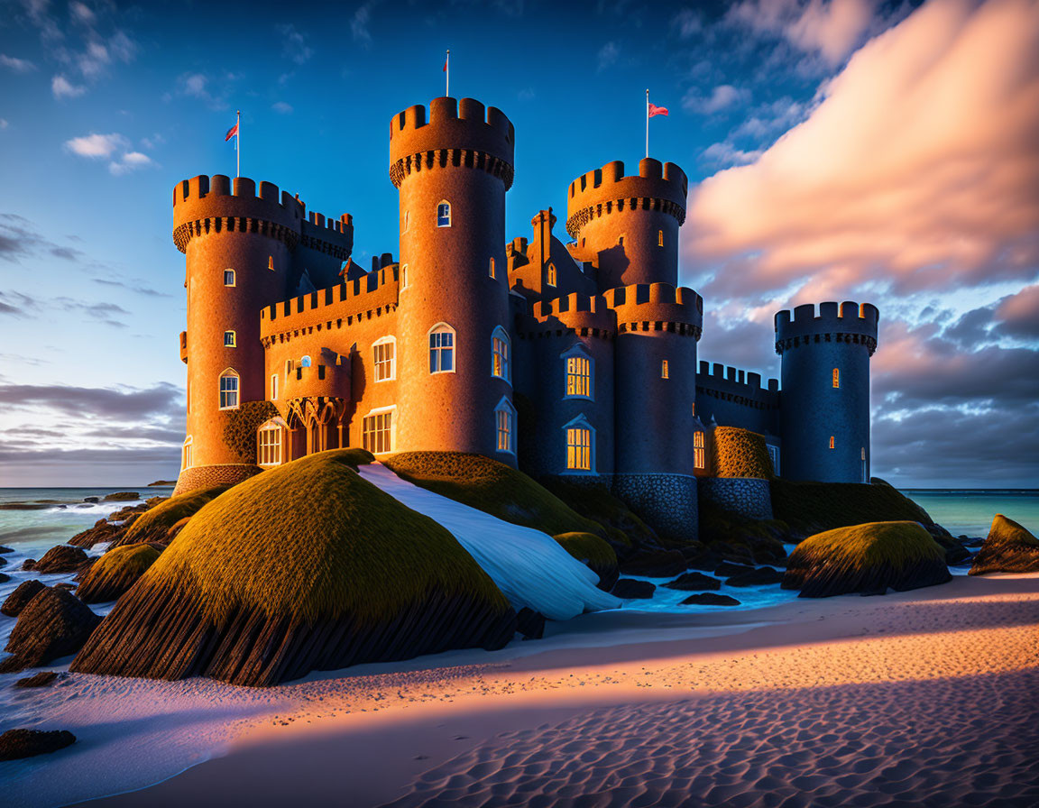 Majestic sandcastle with intricate towers on beach at sunrise