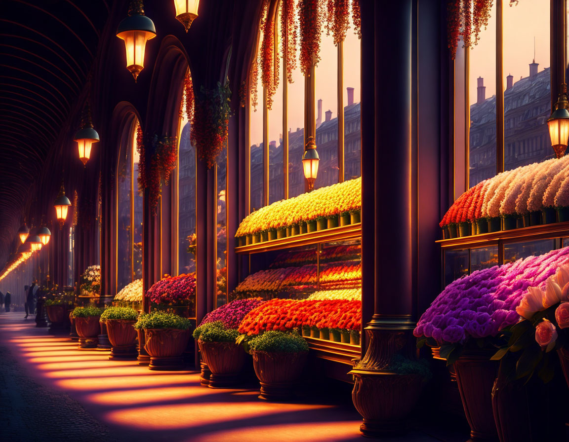 Arcade with Hanging Lamps and Vibrant Flowers at Dusk