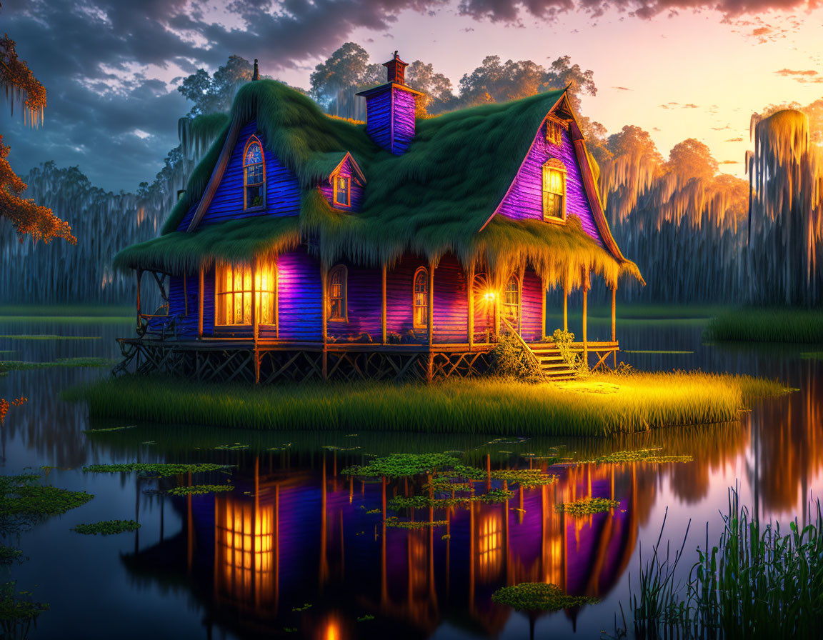 Enchanted cottage with thatched roof by serene lake at sunset