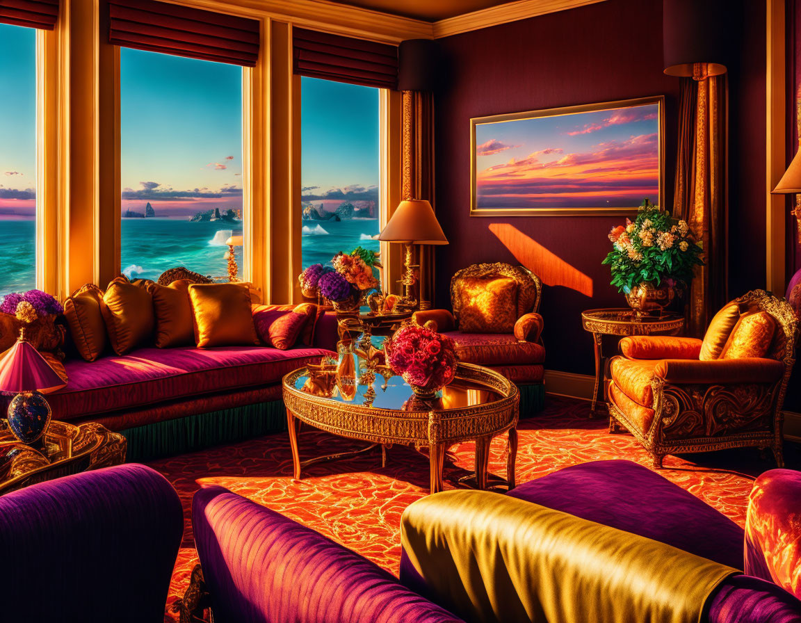 Luxurious Ocean View Room with Elegant Sofas and Vibrant Colors