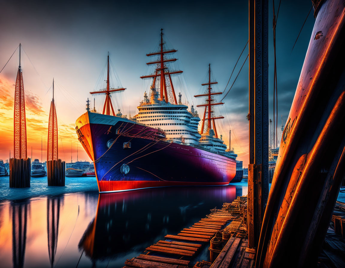 Scenic sunset over harbor with cruise ship and sailboats