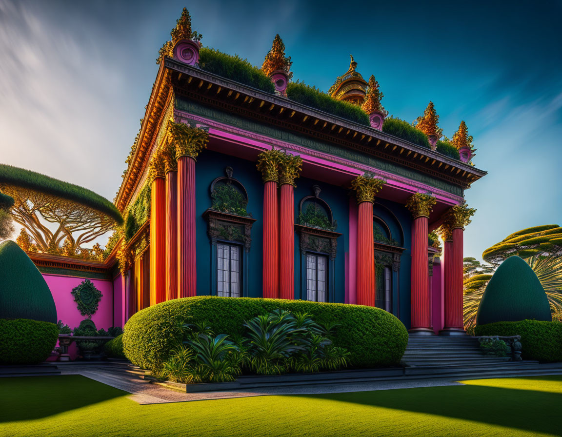 Classical building with pink and blue columns in lush garden under dramatic sky