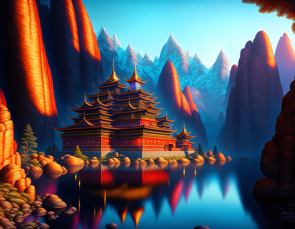 Traditional Asian pagoda by calm lake with red mountains and clear sky