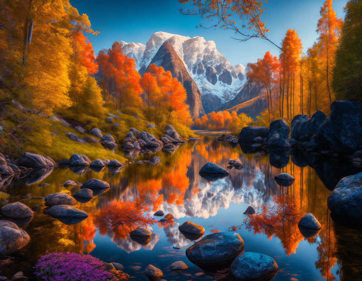 Scenic autumn landscape with river, foliage, rocks, and snow-capped mountain