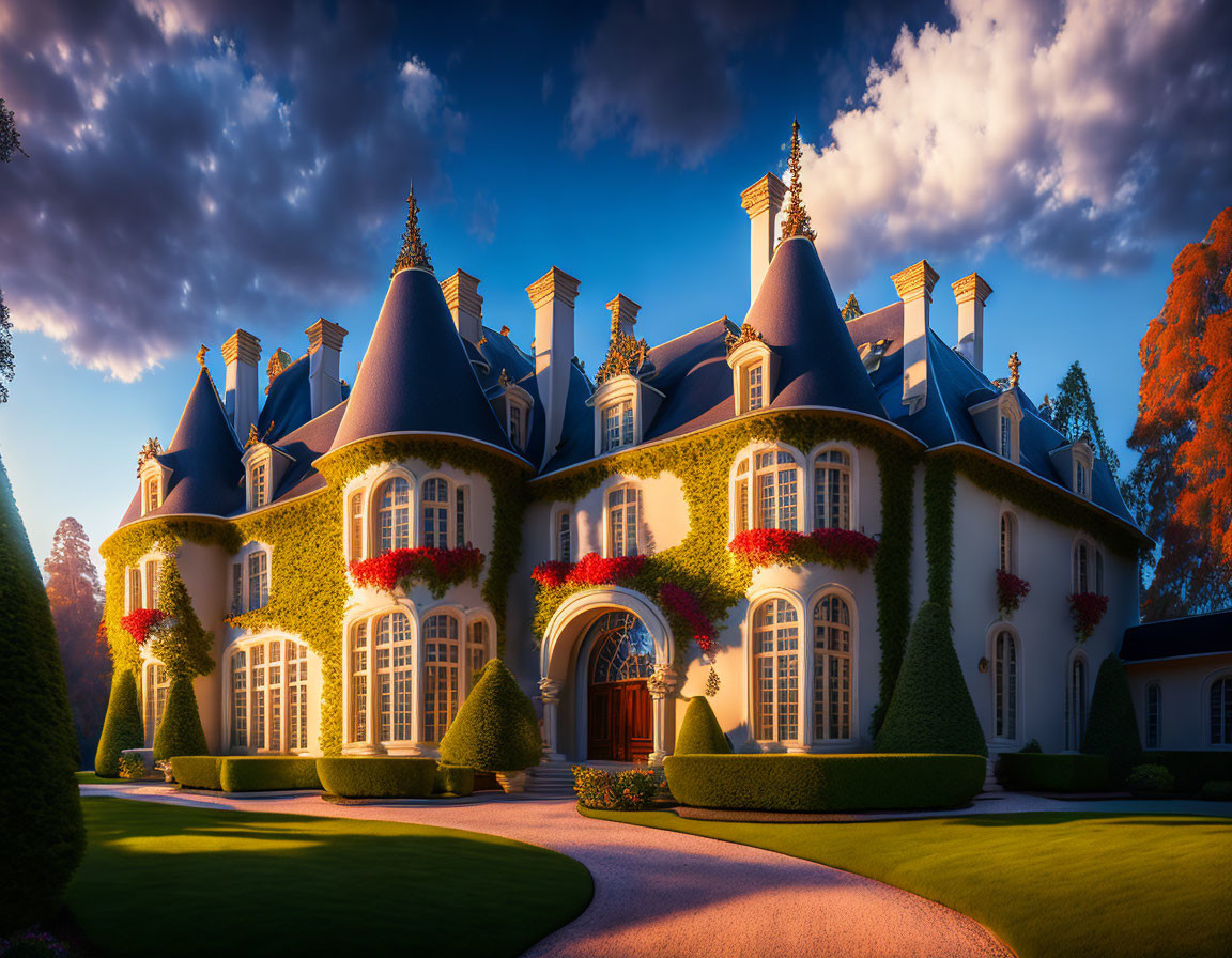 Chateau-style mansion with blue rooftops and red flowers under evening sky