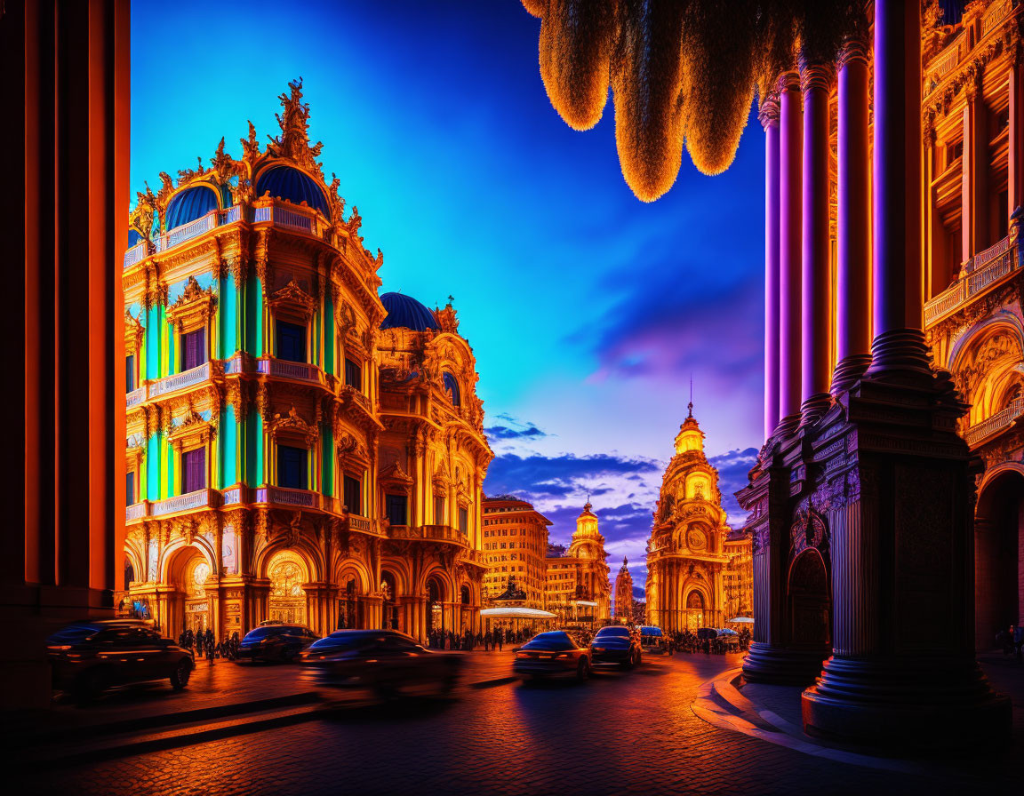 Twilight scene: Ornate buildings, moving cars, blue sky, distinctive clouds