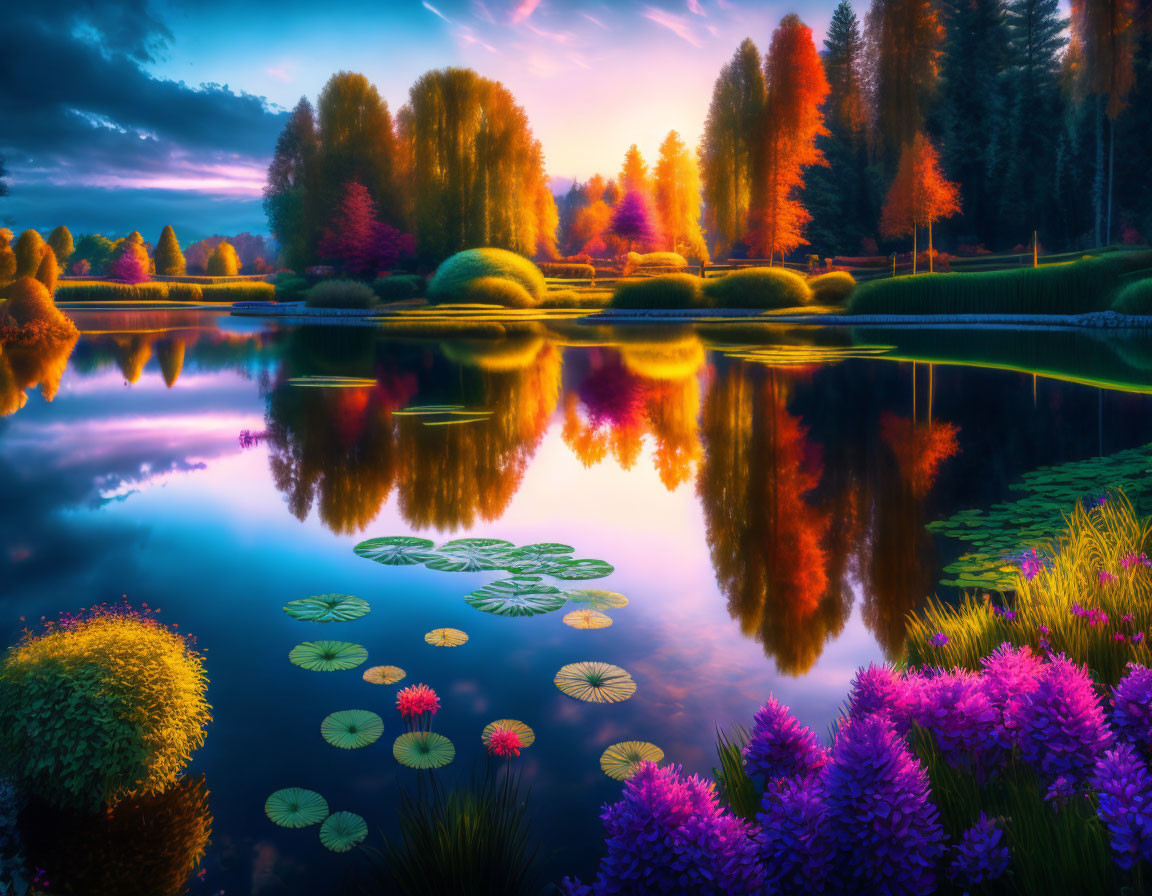 Colorful sunset landscape with tranquil lake and lush flora