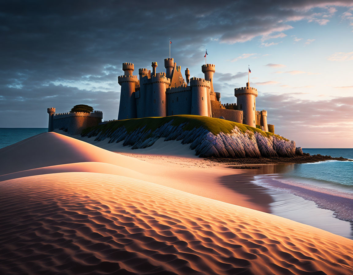 Majestic sand castle with towers at sunset on shoreline