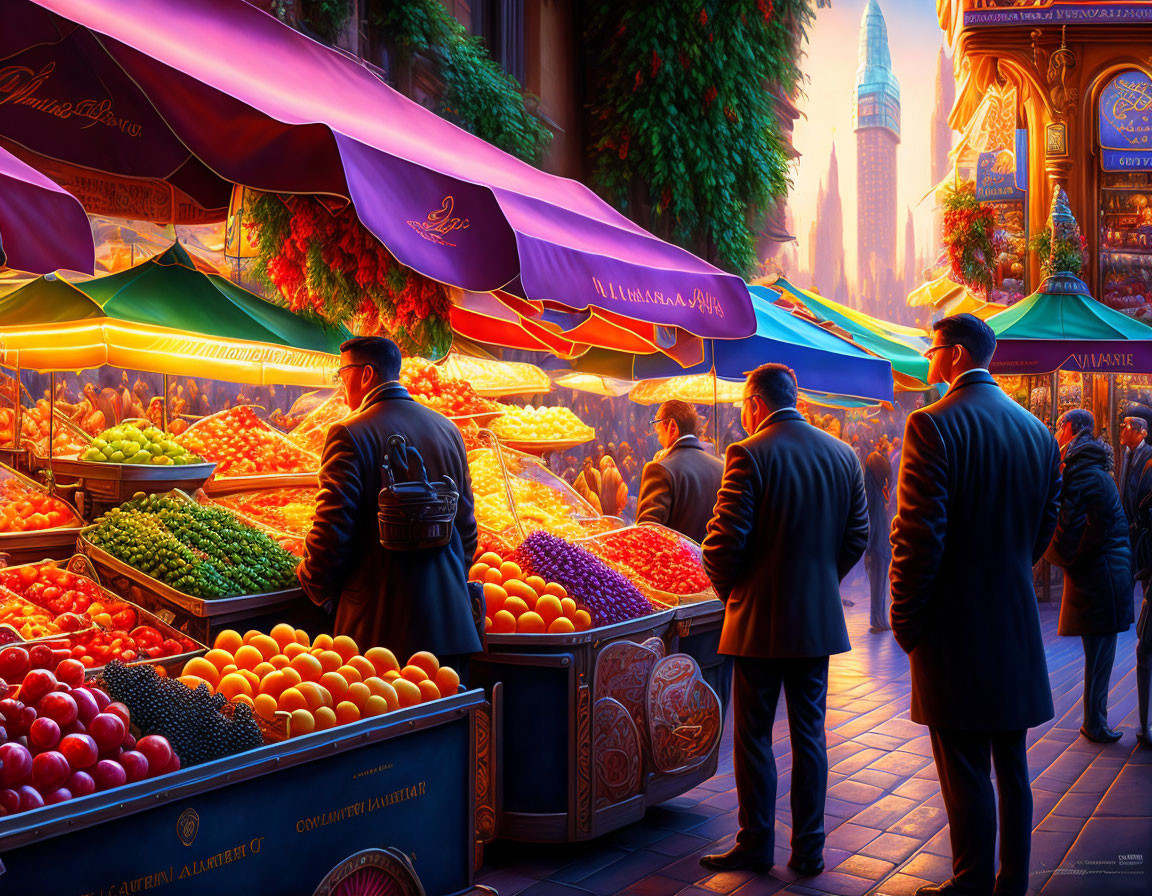 Colorful Outdoor Market Scene with Fruits, Vegetables, and Shoppers