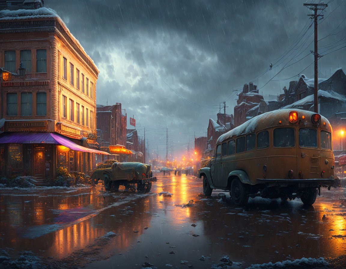 Vintage city street with old cars and school bus in rainy twilight