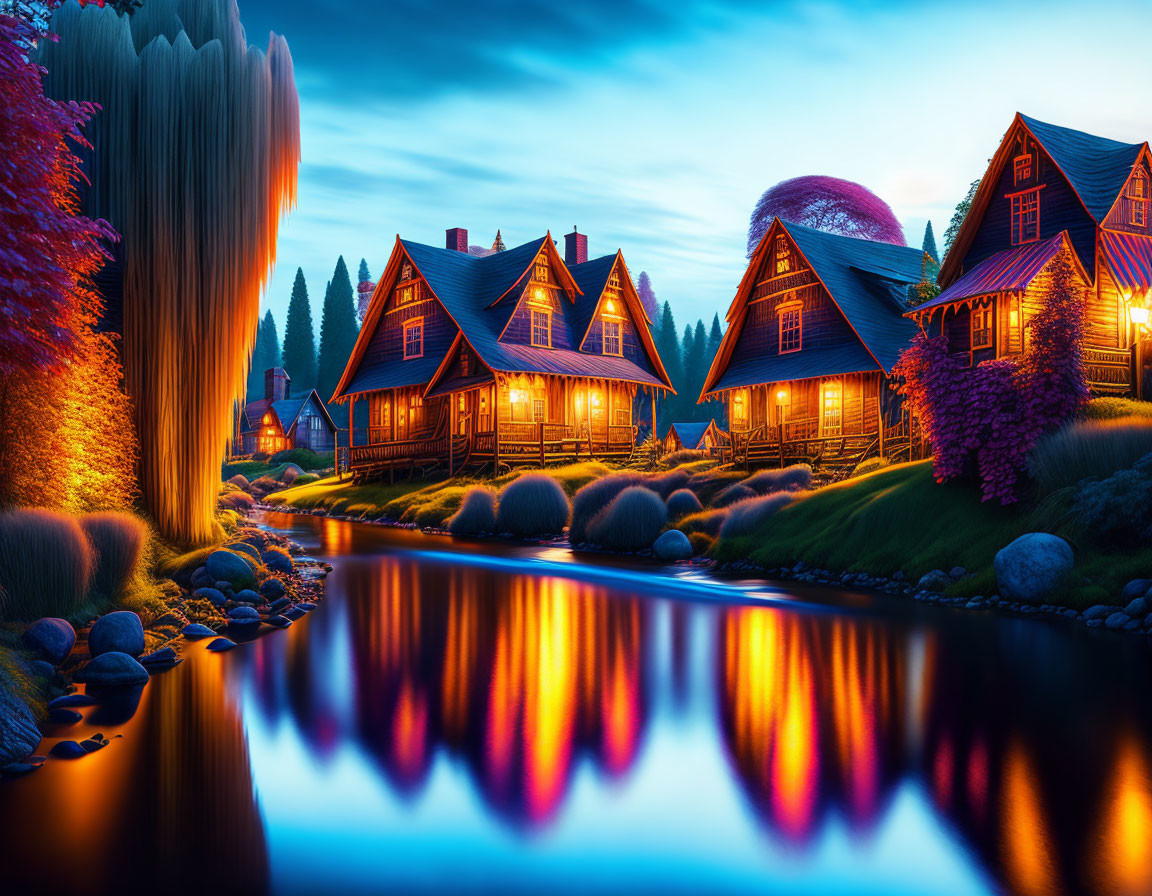 Tranquil riverside scene with cozy houses and vibrant sky