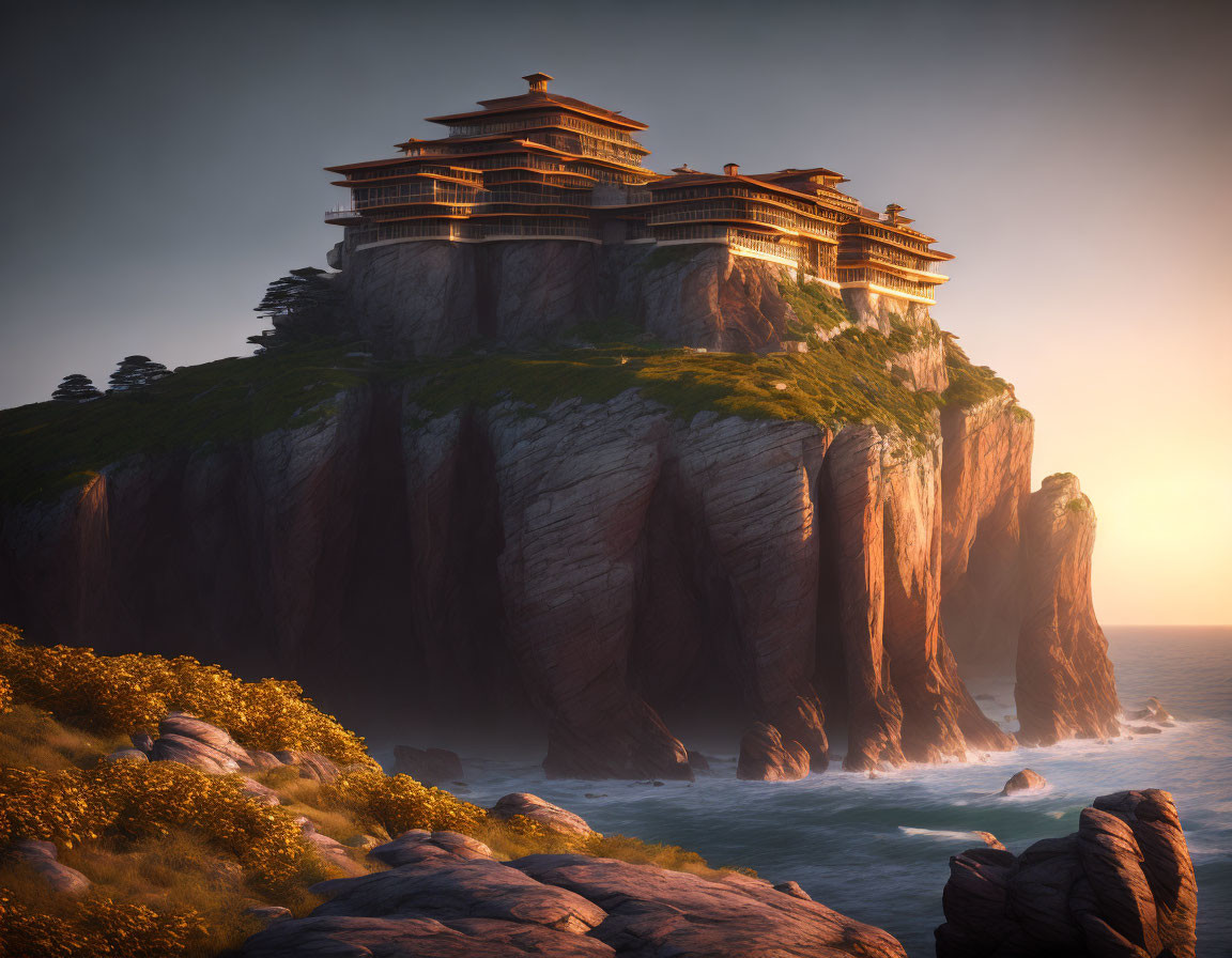 Asian-style Cliffside Buildings Overlooking Sea with Sunlight and Mist