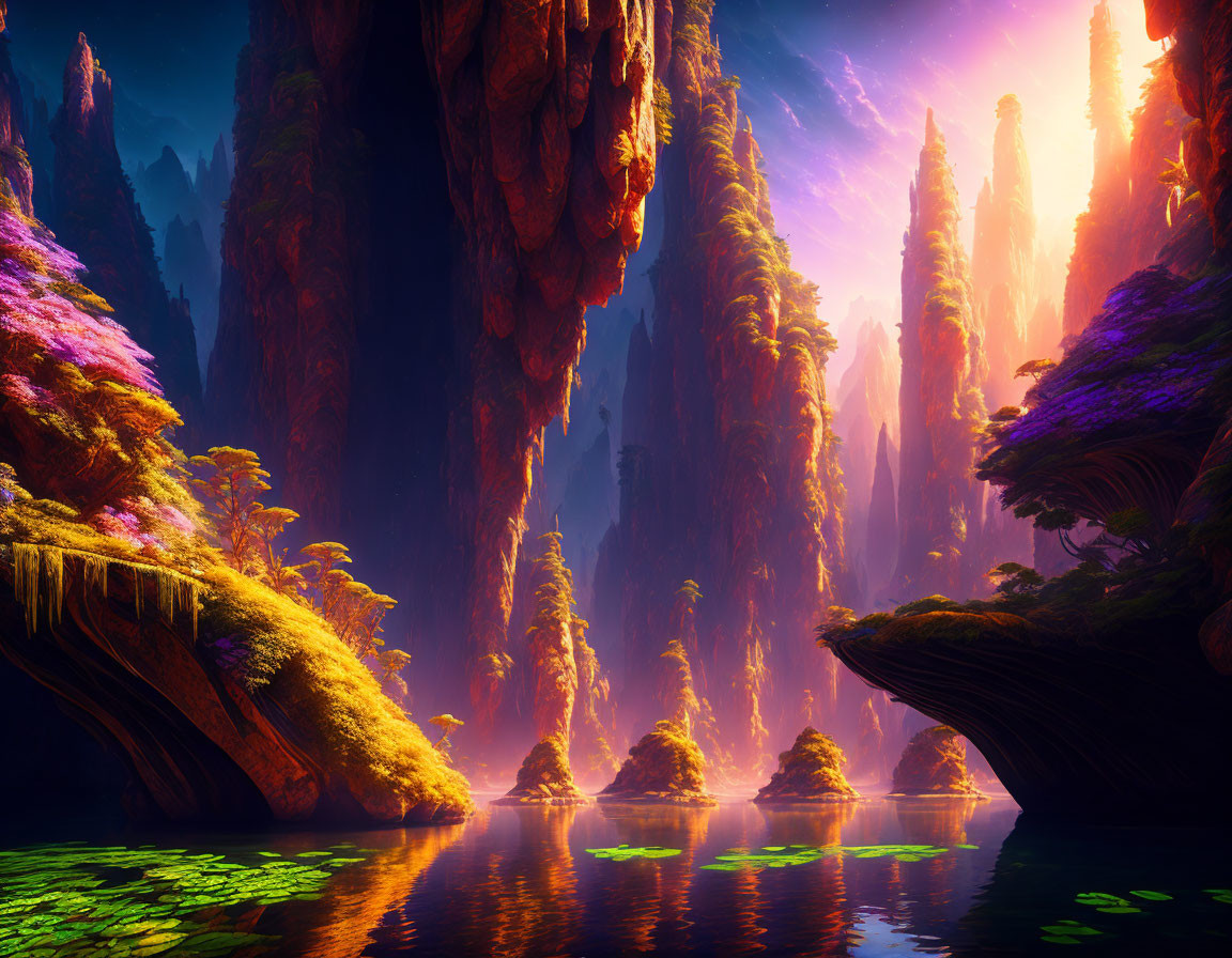 Mystical landscape with towering rock formations, serene river, luminous flora, vibrant sunset sky