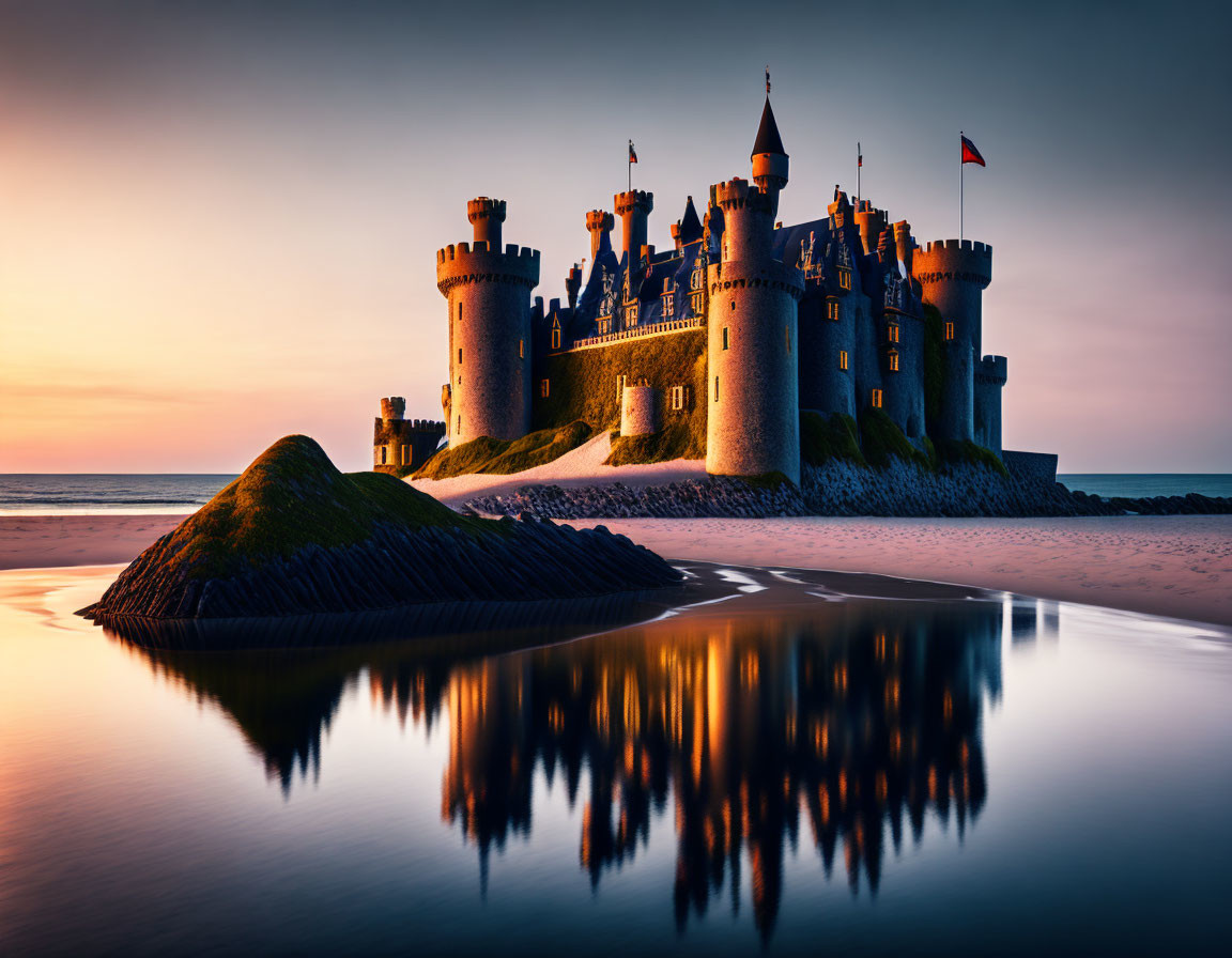 Medieval castle with turrets and flags by tranquil beach at dusk