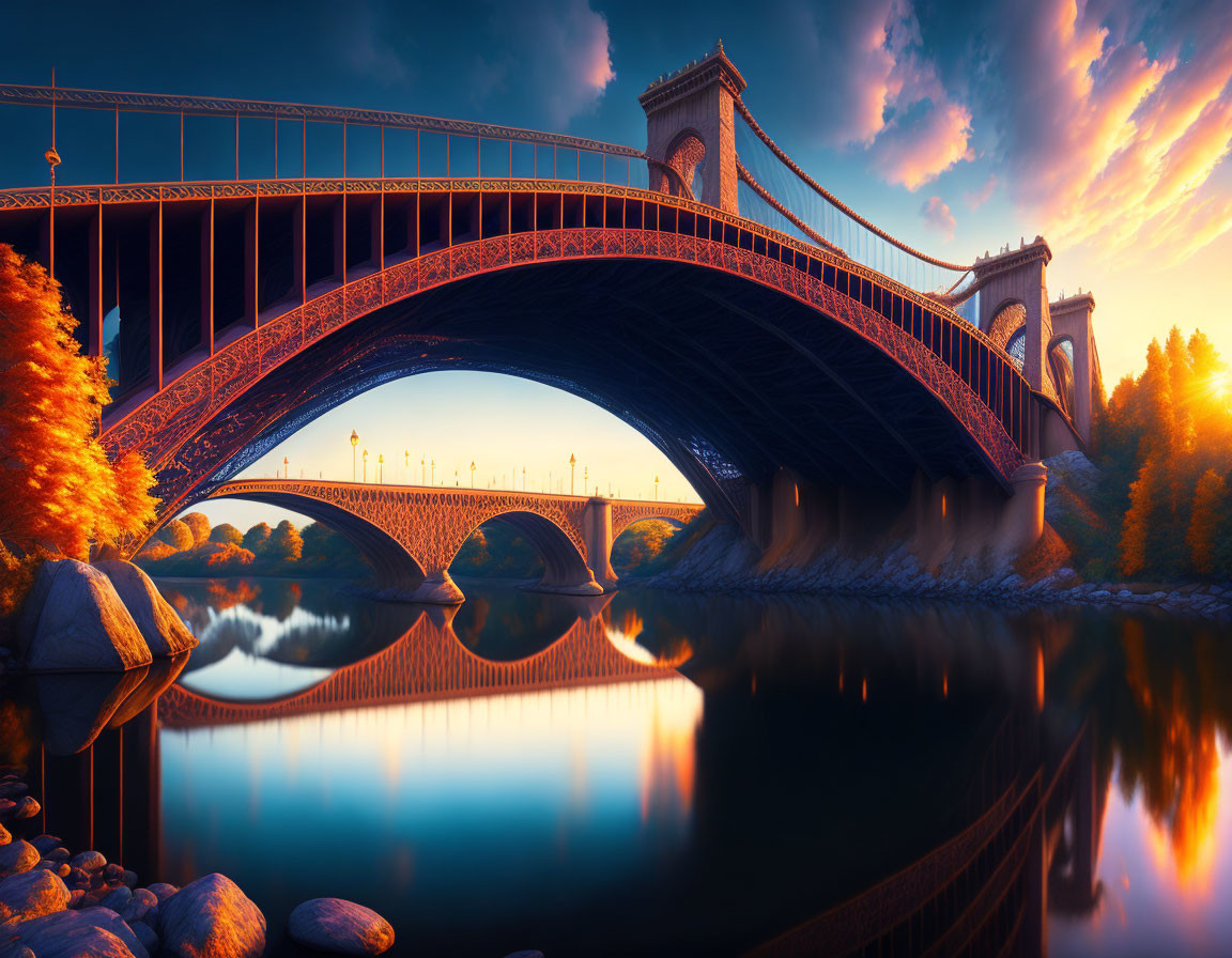 Ornate tower bridge over serene river at sunset