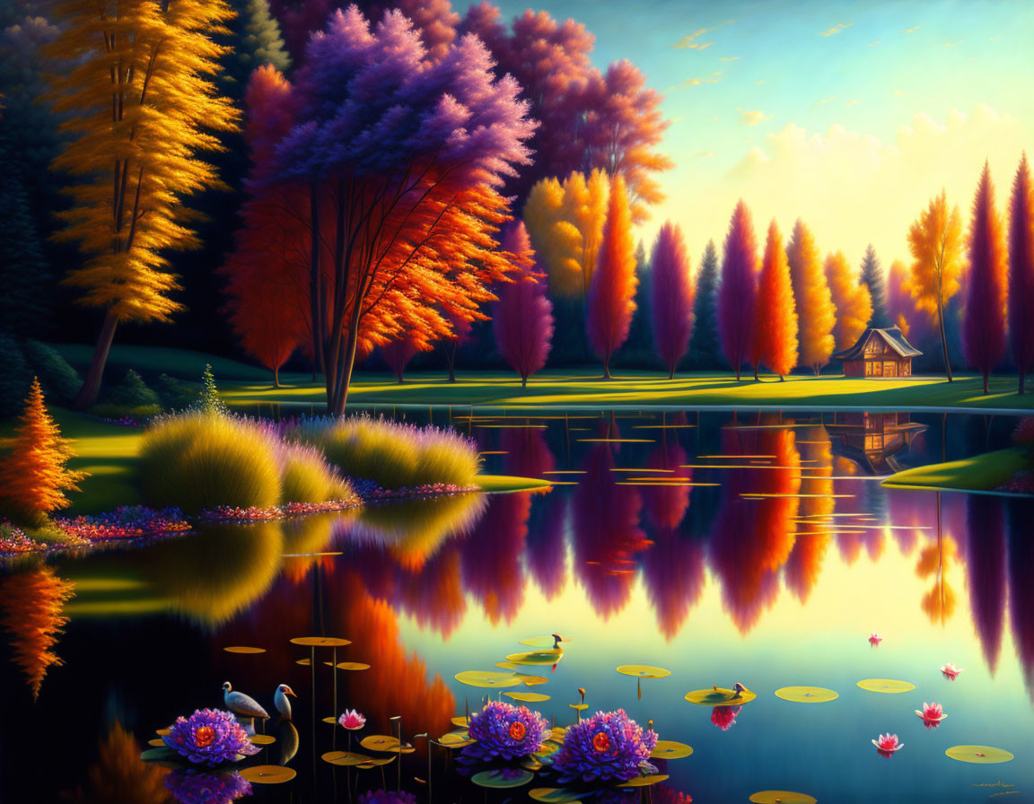 Tranquil landscape with colorful trees, lake reflection, cottage, and water lilies