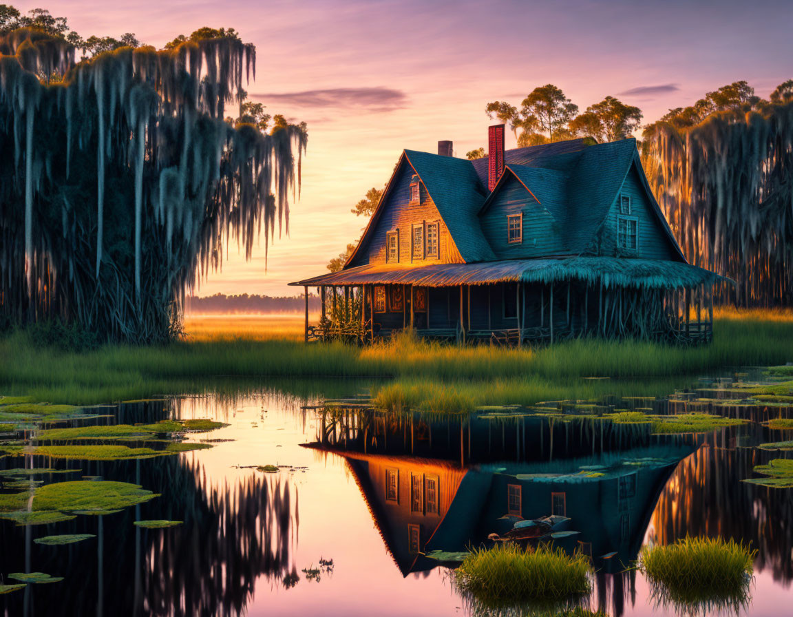 Traditional house with blue roof in serene twilight scene surrounded by trees and calm waters.