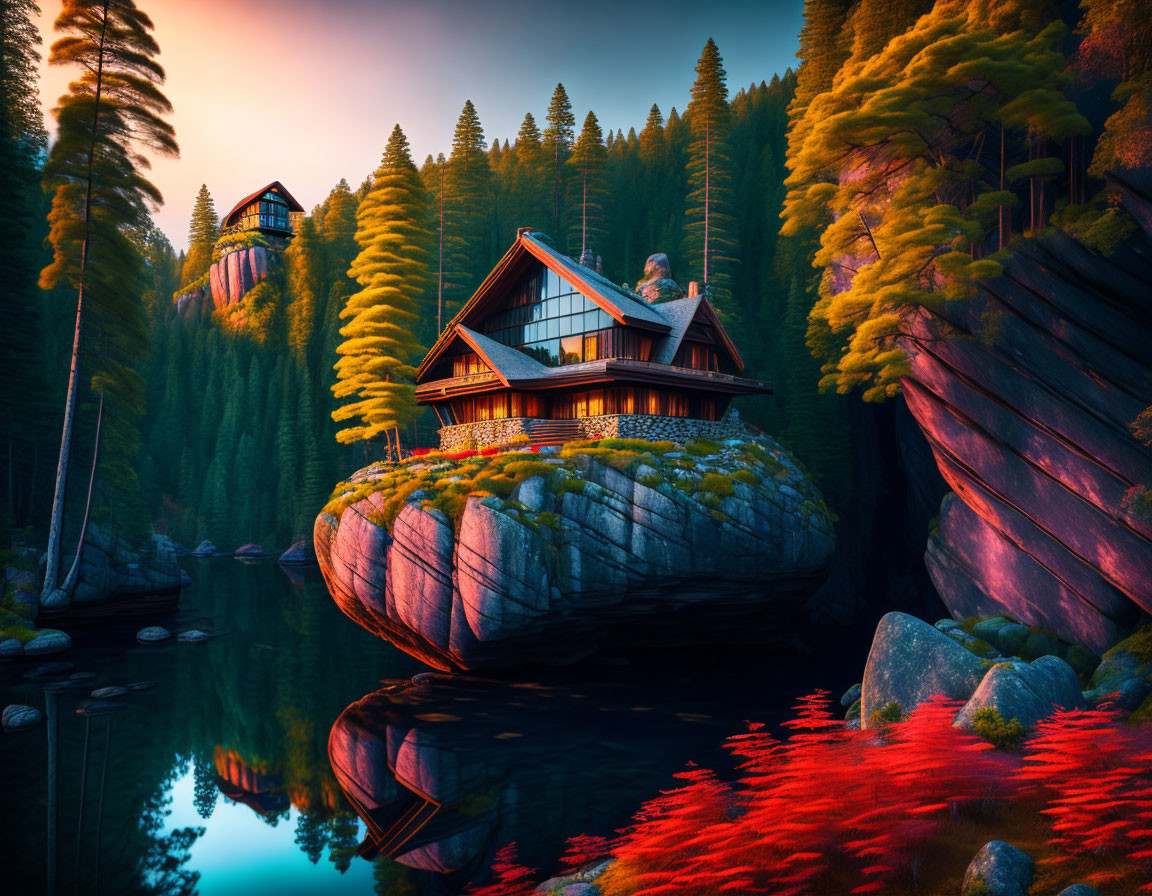 Mountain house on rock surrounded by autumn trees at sunset