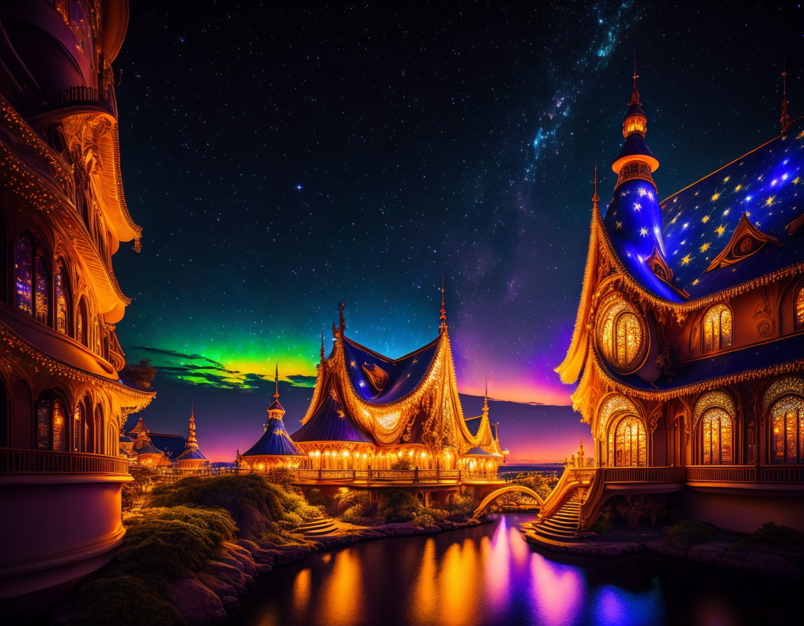 Enchanting night scene of fairy-tale buildings under starry sky