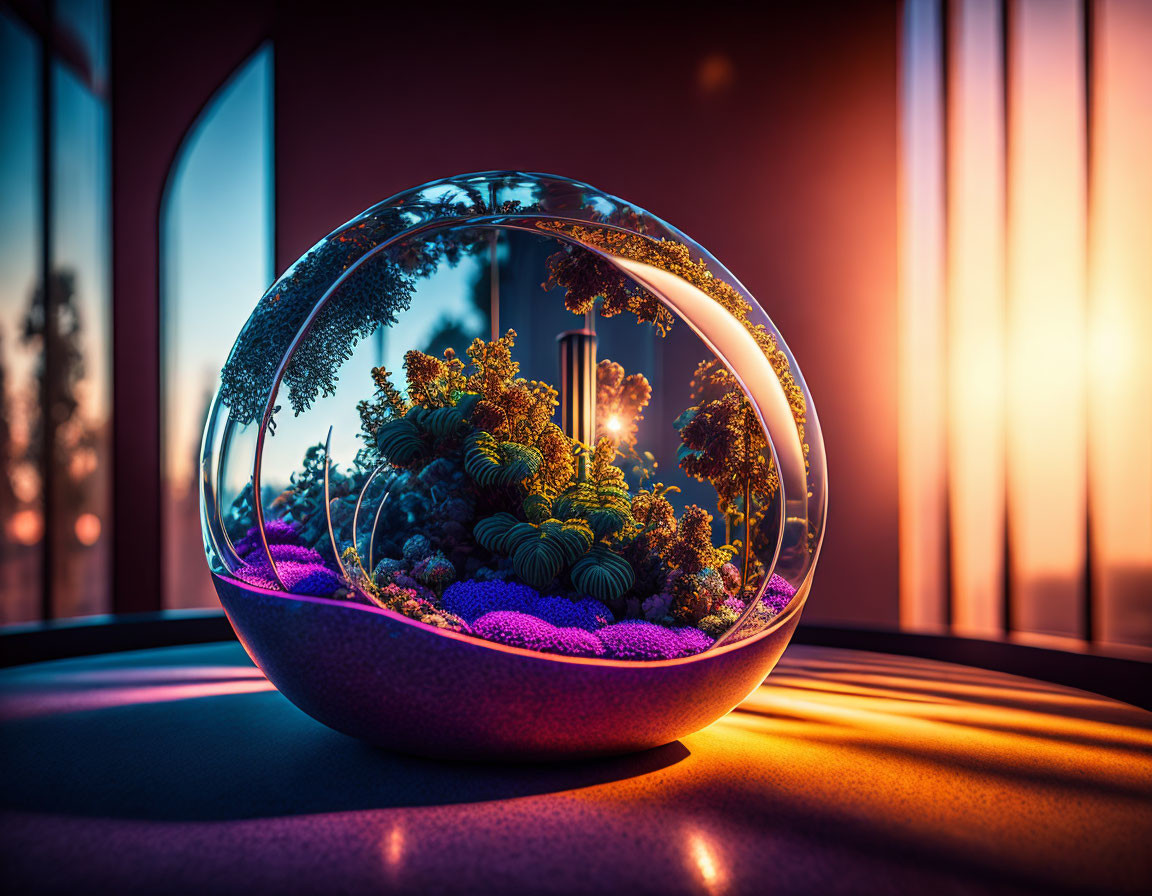 Lush greenery terrarium under warm sunset glow