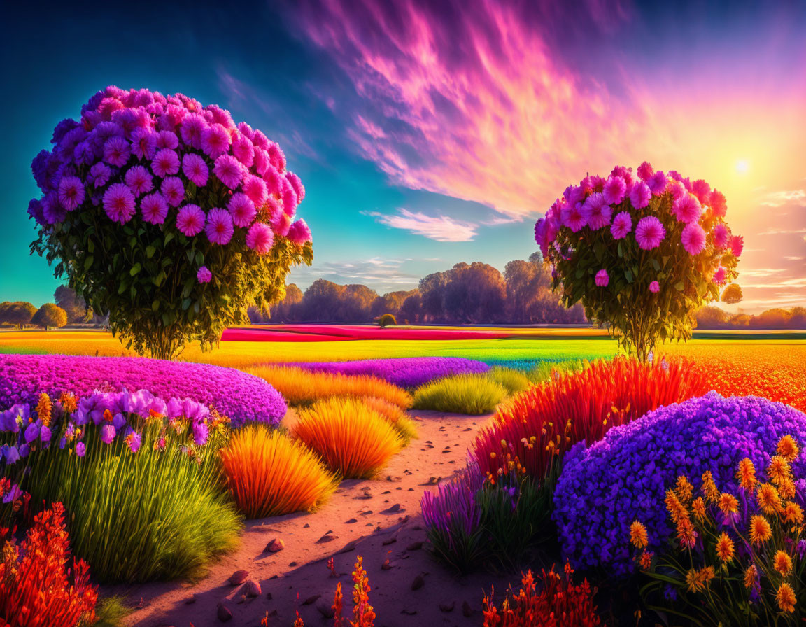 Colorful Flower Blooms in Vibrant Sunset Landscape