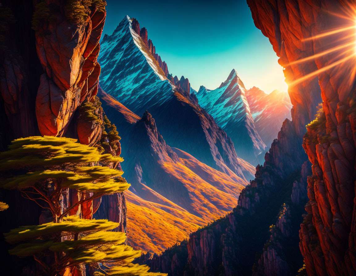 Scenic sunset over mountain range with warm light on cliffs