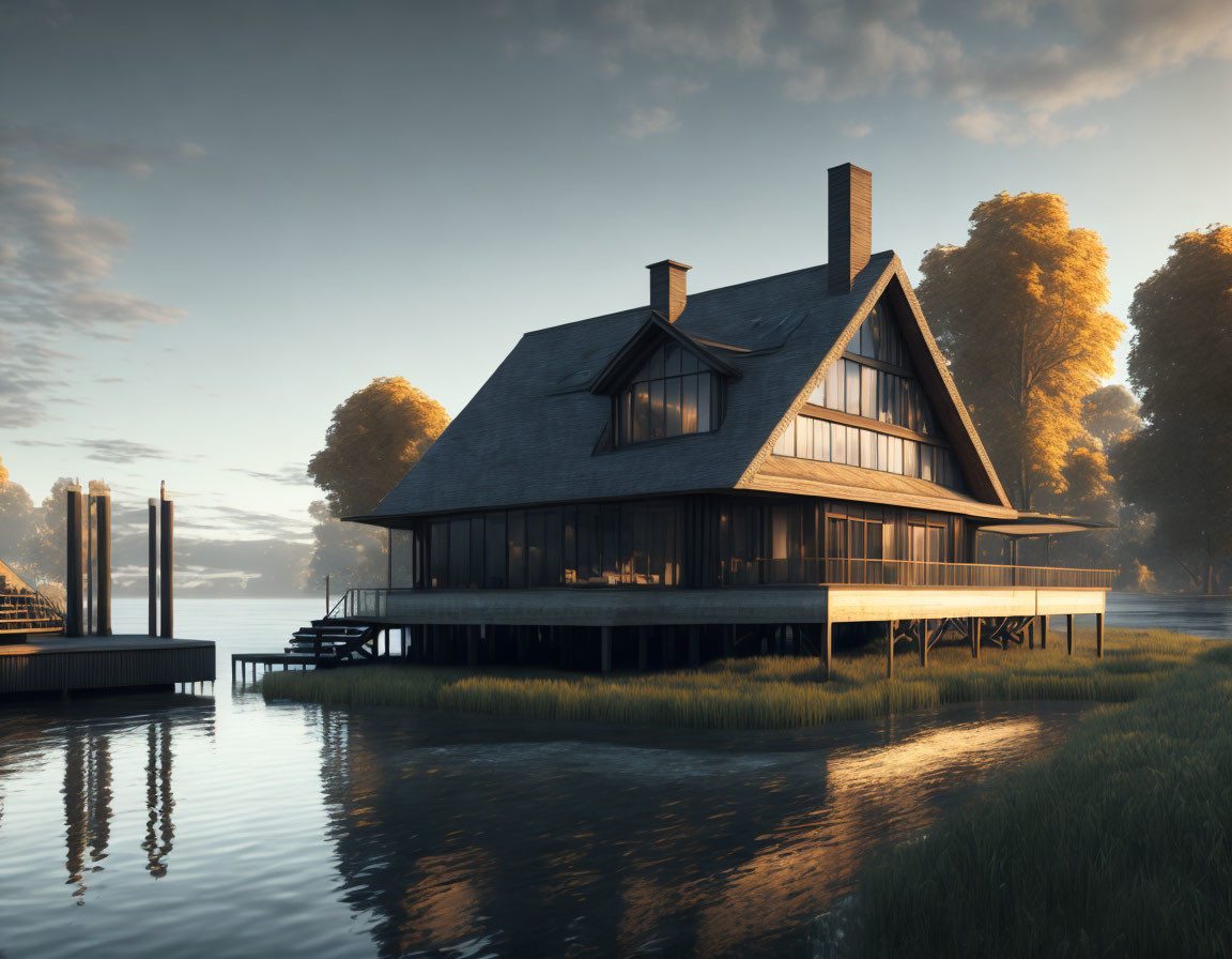 Two-story house with dark roof and large windows by water at dawn