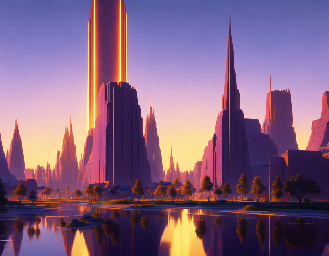 Futuristic cityscape at sunrise with towering spires and reflective water.