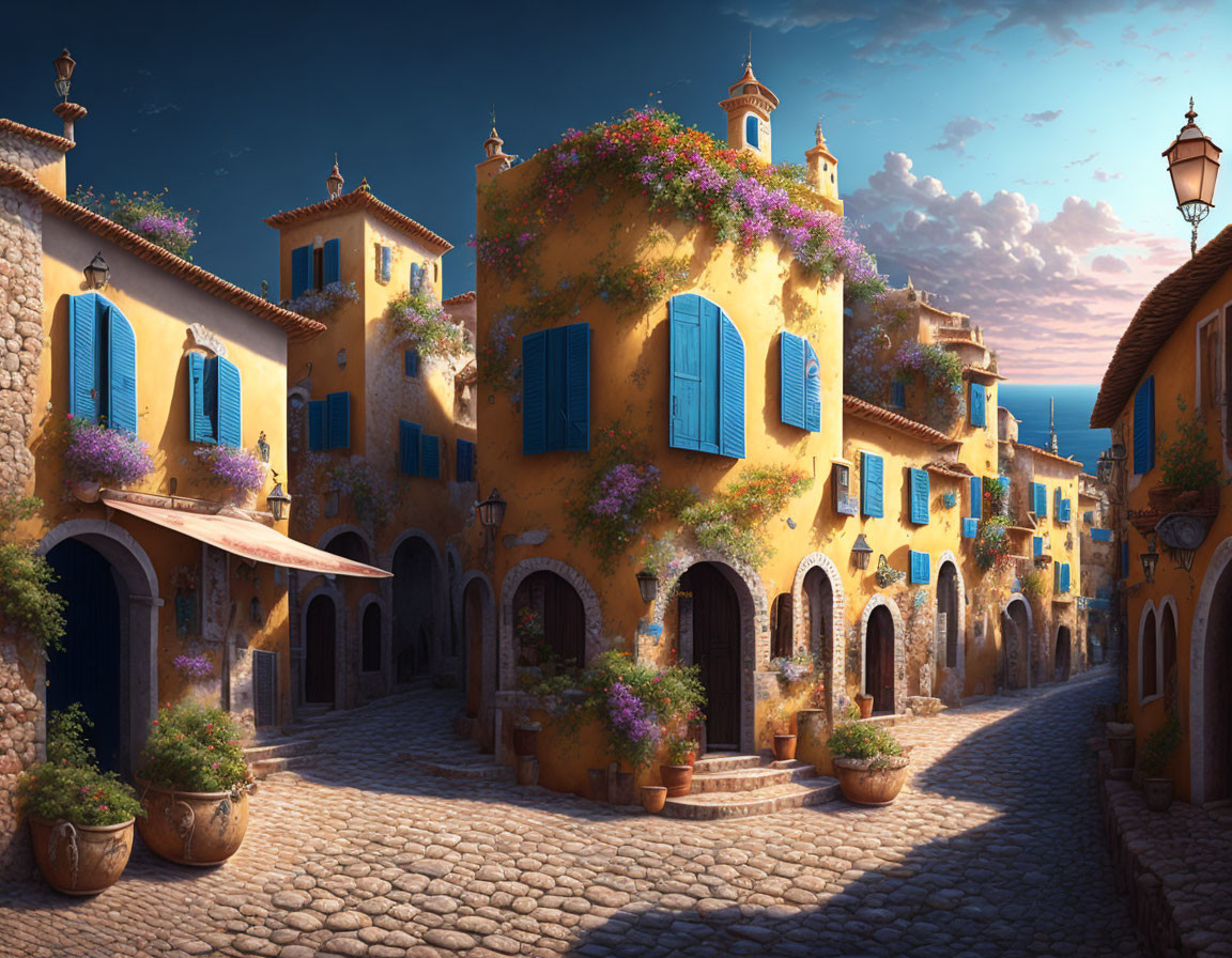 Sunlit cobblestone street in quaint village with yellow buildings and purple flowers under blue sky