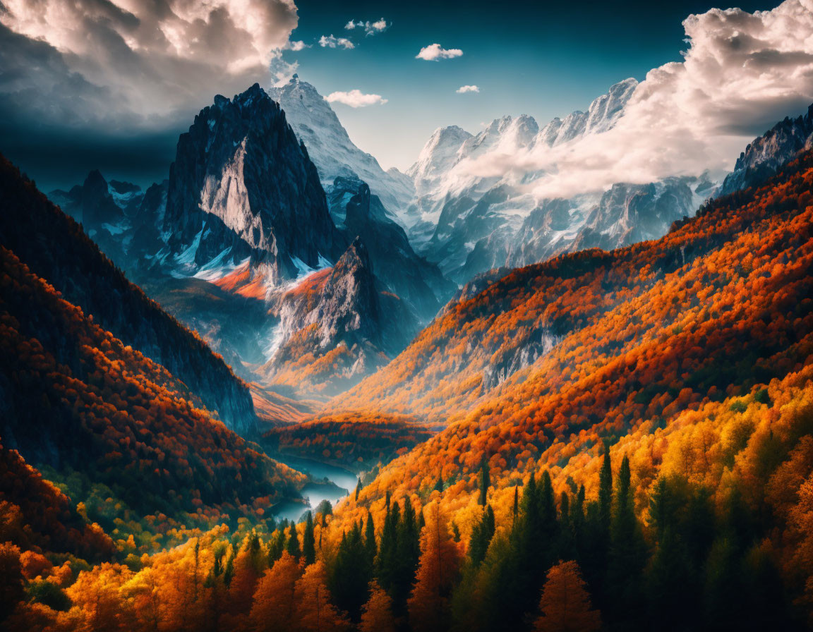 Majestic snow-capped mountains meet golden autumn forest