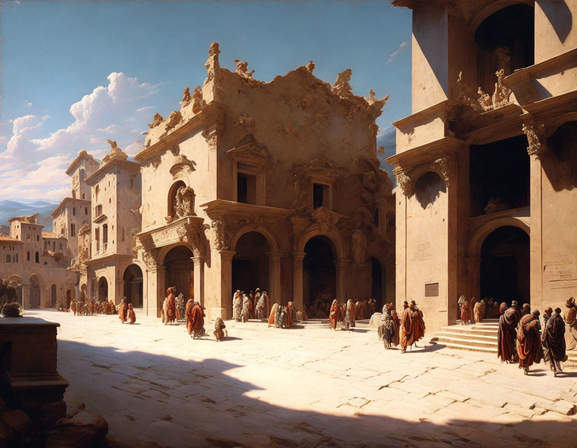 Ancient square painting with people in period attire and crumbling architecture